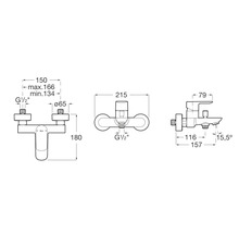 Technische Zeichnung einer Armatur mit Maßangaben