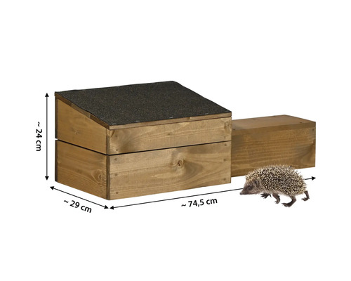 Igelhaus aus Holz mit den Maßen 74,5 x 29 x 24 cm