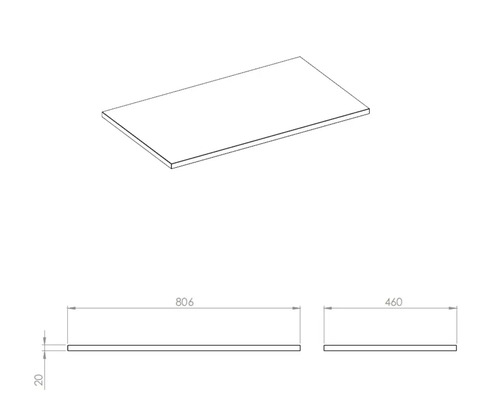 Technische Zeichnung einer Arbeitsplatte mit den Maßen 806 x 460 x 20 Millimeter.