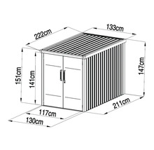 Technische Zeichnung eines Geräteschuppens mit Maßangaben