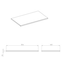 Technische Zeichnung einer Arbeitsplatte mit den Maßen 806 x 460 x 20 mm.