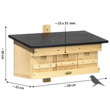 Nisthilfe aus Holz mit Dach und Größenangaben