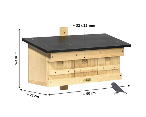 Nisthilfe aus Holz mit Dach und Größenangaben