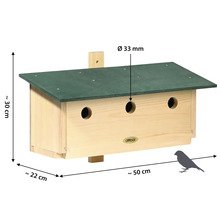 Vogelhaus aus Holz mit drei Eingängen und den Maßen 50 x 22 x 30 cm