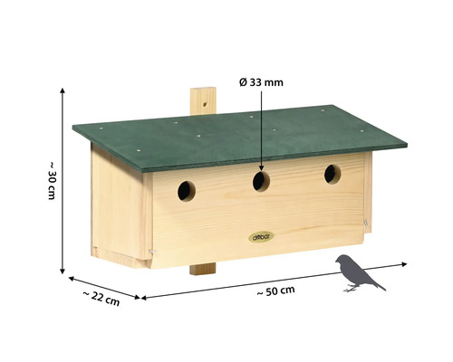 Vogelhaus aus Holz mit drei Eingängen und den Maßen 50 x 22 x 30 cm