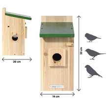 Vogelhaus aus Holz mit den Maßen 32 cm Höhe, 14 cm Breite und 20 cm Tiefe