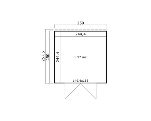 Grundrisszeichnung eines Gartenhauses mit Maßangaben
