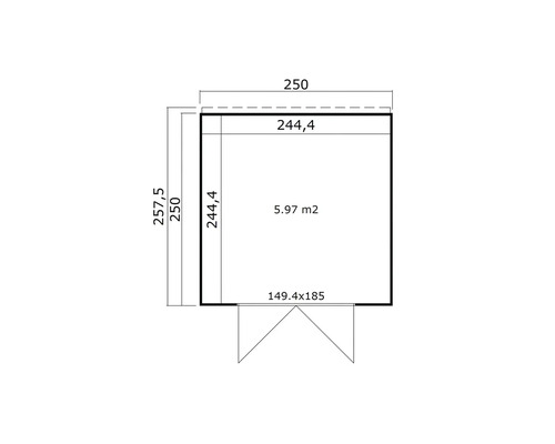 Grundrisszeichnung eines Gartenhauses mit den Maßen 250 x 257,5 cm und einer Fläche von 5,97 m²