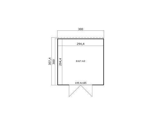 Grundrisszeichnung eines Gartenhauses mit Maßangaben