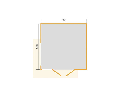 Grundriss eines Gartenhauses mit den Maßen 300 mal 300 Zentimeter