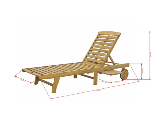 Holzliege mit Rädern und verstellbarer Rückenlehne mit Maßangaben
