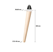 Möbelfuß aus Holz, 300 mm hoch, Durchmesser 24 bis 48 mm, Montageplatte 80 x 80 mm, Traglast 50 kg