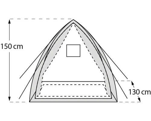 Skizze eines Zeltes mit Höhenangaben 150 cm und 130 cm