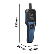 Bosch Messgerät für Temperatur und Luftfeuchtigkeit mit den Maßen 233 mm Länge, 44 mm Breite und 62 mm Tiefe.
