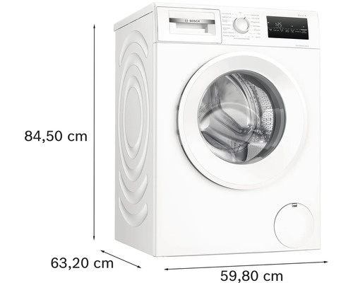 Bosch Waschmaschine mit den Maßen 84,50 cm Höhe, 63,20 cm Tiefe und 59,80 cm Breite.
