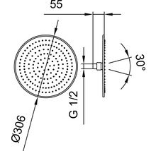 Technische Zeichnung eines Duschkopfes mit Maßangaben