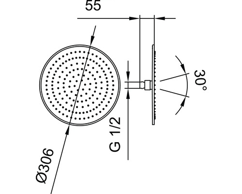 Technische Zeichnung eines Duschkopfes mit Maßangaben