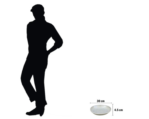 Keramikteller mit den Maßen 30 cm mal 4,5 cm, dargestellt neben einer Personensilhouette