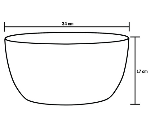 Skizze einer Pflanzschale mit Maßangaben: 34 Zentimeter Breite, 17 Zentimeter Höhe.