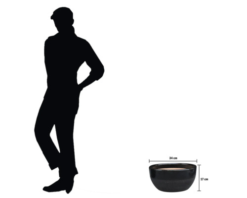 Schwarze Pflanzschale mit den Maßen 34 cm x 17 cm.