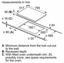 Einbauhinweise für ein Kochfeld mit Maßen in Millimetern.