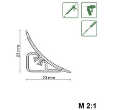 Abbildung eines Dichtungsprofils mit den Maßen 23 mm x 23 mm und Symbolen für Montage mit Klebstoff, Tacker oder Schrauben