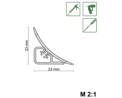 Abbildung eines Dichtungsprofils mit den Maßen 23 mm x 23 mm und Symbolen für Montage mit Klebstoff, Tacker oder Schrauben