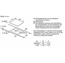 Abbildung mit Maßangaben für ein Kochfeld zum Einbau