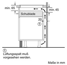 Installationszeichnung eines Unterschranks mit Schublade und Maßangaben