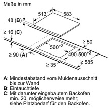 Einbaumaße für Kochfeld in Millimeter.