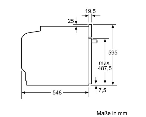 Maßzeichnung eines Ofens mit den Maßen 548 mm Breite, 595 mm Höhe, 19,5 mm Tiefe oben, 7,5 mm Tiefe unten und 25 mm Höhe oben