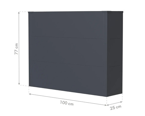 Dunkelgrauer Wandschrank mit den Maßen 77 cm Höhe, 100 cm Breite und 25 cm Tiefe