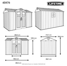 Technische Zeichnung eines Gerätehauses mit Maßangaben und Lifetime Logo