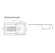 Massskizze einer Einbauspüle mit den Maßen 86 cm Breite, 41,9 cm Tiefe und 18,8 cm Höhe.