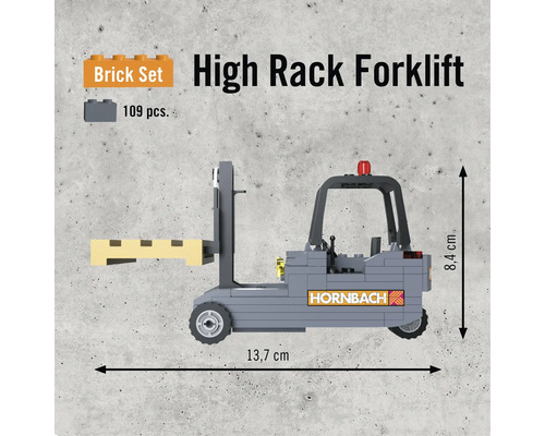 Hochregalstapler Bausatz mit 109 Teilen und Hornbach Logo.