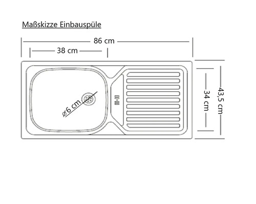 Maßskizze einer Einbauspüle mit den Maßen 86 cm Breite, 43,5 cm Tiefe, Becken mit 38 cm und Ablauf mit 6 cm Durchmesser.