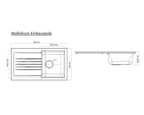 Massskizze einer Einbauspüle mit den Maßen 86 x 41,9 Zentimeter.