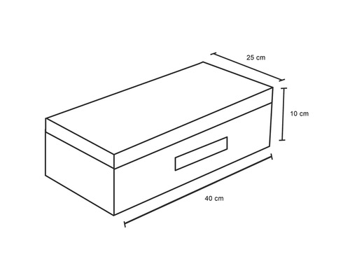 Skizze einer Aufbewahrungsbox mit den Maßen 40 cm x 25 cm x 10 cm