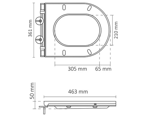 Maßzeichnung eines Toilettendeckels mit den Maßen 361 mm Höhe, 305 mm Breite, 210 mm Tiefe und 463 mm Länge