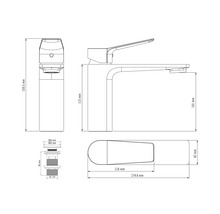 Technische Zeichnung einer Armatur mit Maßangaben