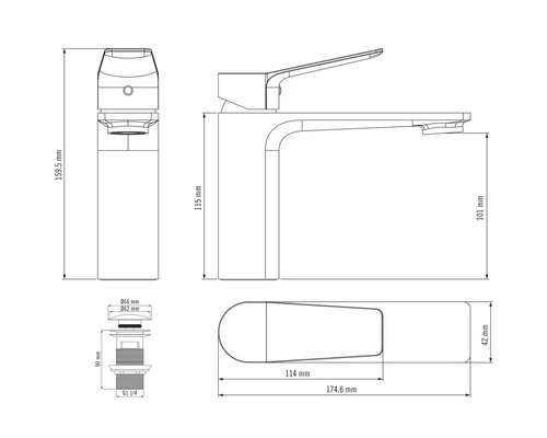 Technische Zeichnung einer Armatur mit Maßangaben