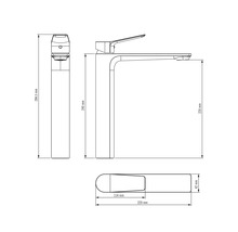 Technische Zeichnung einer Waschtischarmatur mit Maßangaben