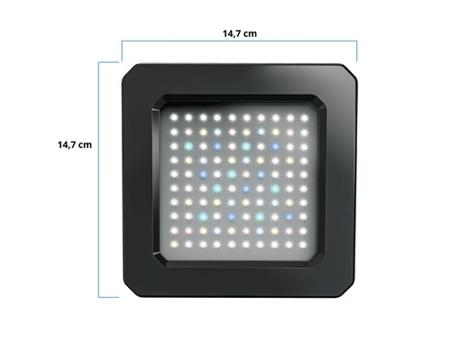 Quadratische Aquariumleuchte mit den Maßen 14,7 x 14,7 cm