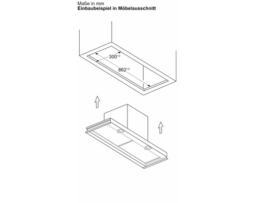 Einbaubeispiel für eine Dunstabzugshaube mit Maßangaben in Millimetern