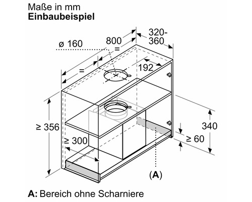 Einbaubeispiel für eine Dunstabzugshaube mit Maßangaben in Millimetern.