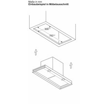 Einbaubeispiel einer Dunstabzugshaube mit Maßangaben für den Möbelausschnitt