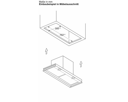 Einbaubeispiel einer Dunstabzugshaube mit Maßangaben für den Möbelausschnitt