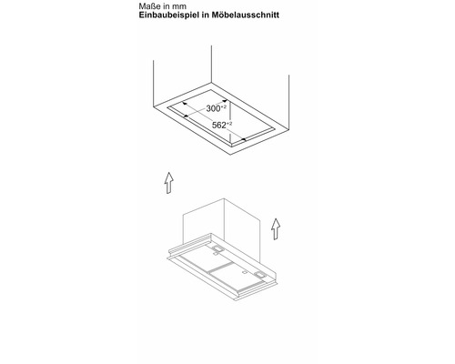 Einbaubeispiel einer Dunstabzugshaube mit Maßangaben für den Möbelausschnitt.