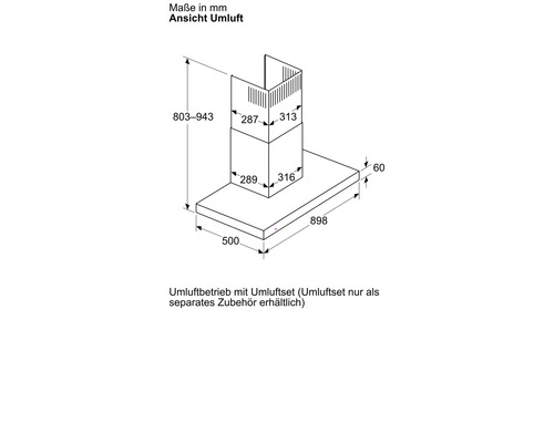 Dimensions diagram of a recirculation extractor hood