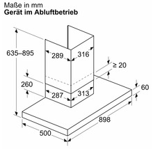 Maße der Dunstabzugshaube im Abluftbetrieb in Millimeter